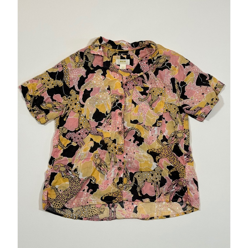 Maeve Anthropologie Linen Animal Print Button Down Shirt Pink Yellow Cheetah XS